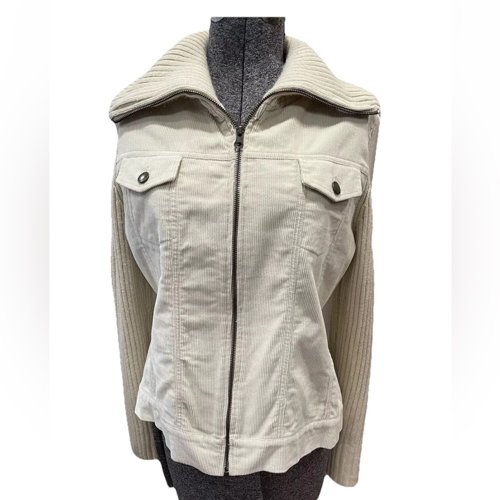 By Design Sport size LG 1970s ivory cotton/corduroy acrylic knit‎ jacket zip up